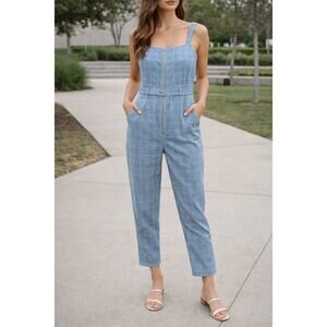 Lovers + Friends Blue Plaid Sleeveless Jumpsuit Belted Size S Party Cottagecore